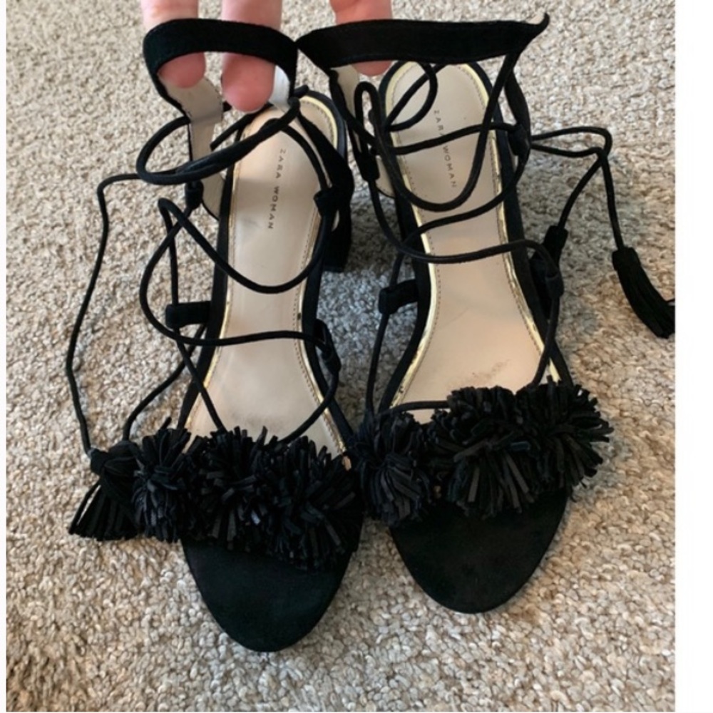 Zara Leather Lace Up Sandals With Chunky Heel - Picture 7 of 10